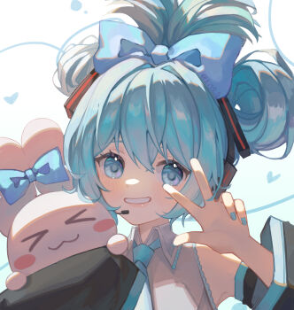 1girl absurdres bare_shoulders black_sleeves blue_bow blue_eyes blue_hair blue_nails blue_necktie blush bow cinnamiku cinnamoroll collared_shirt detached_sleeves fuwa_fuwa_cinnamoroll grey_shirt grin hair_bow hand_up hatsune_miku headset highres hongshao_yu long_sleeves looking_at_viewer nail_polish necktie portrait sanrio shirt short_hair sleeveless sleeveless_shirt smile twintails updo vocaloid w