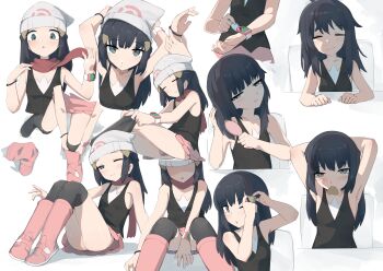 1girl absurdres beanie black_hair black_thighhighs brushing_hair brushing_own_hair closed_eyes commentary_request commission dawn_(pokemon) dressing flat_chest grey_eyes hat highres long_hair multiple_views nintendo pajamas parted_lips pink_skirt pixiv_commission pokemon pokemon_dppt recklessdraw sitting skirt thighhighs white_hat