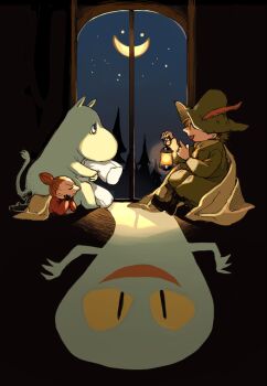 1girl 2boys black_gloves blanket coat crescent_moon crossover from_side genre_connection ghost gloves green_coat green_hat hands_up hat hat_feather hat_over_eyes high_ponytail holding holding_lantern holding_pillow hugging_object index_finger_raised indoors lantern little_my long_sleeves moomin moomintroll moon multiple_boys nenaiko_dare_da newo_(shinra-p) night orange_hair pillow pillow_hug ponytail profile red_coat scared scarf sitting sky smile snufkin star_(sky) starry_sky tall_hat under_covers v-shaped_eyebrows window yellow_scarf