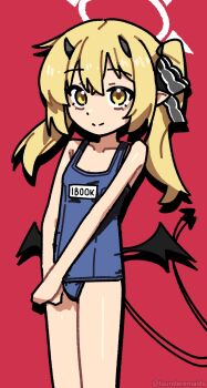 1girl absurdres alternate_costume bare_arms bare_legs bare_shoulders black_ribbon blonde_hair blue_archive blue_one-piece_swimsuit closed_mouth collarbone commentary cowboy_shot demon_girl demon_horns demon_tail demon_wings english_commentary hair_ribbon halo highres horns ibuki_(blue_archive) long_hair one-piece_swimsuit red_background ribbon school_swimsuit simple_background sketch smile solo standing swimsuit tail tsunderemaids twintails twitter_username wings yellow_eyes