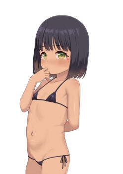 1girl arm_behind_back atg_(wttoo0202) bare_arms bare_hips bare_shoulders stomach bikini black_bikini black_hair blush bob_cut cameltoe cowboy_shot curious dark-skinned_female dark_skin female_focus finger_to_mouth flat_chest green_eyes groin highres legs_together loli looking_at_viewer lowleg lowleg_bikini micro_bikini midriff navel original preschooler short_hair side-tie_bikini_bottom simple_background solo standing stomach swimsuit tan thighs white_background