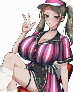 1girl bad_link black_choker breasts chair choker closed_mouth crossed_legs diner highres keno(kisaragidoki) large_breasts looking_at_viewer on_chair original rekkuu_zarame simple_background sitting skirt smile solo striped_clothes tongue twintails vertical-striped_clothes w white_background yellow_eyes