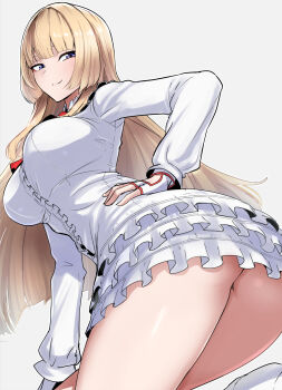 1girl ass blonde_hair blue_eyes breasts center_frills clash_kuro_neko closed_mouth commentary_request emilie_de_rochefort fingerless_gloves frilled_skirt frills gloves highres looking_at_viewer skirt smile solo tekken