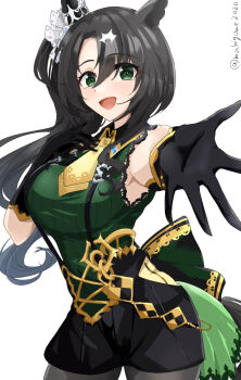 1girl animal_ears black_gloves black_hair black_pantyhose black_shorts black_suspenders blush breasts chamumi_(mochiumee) crown_ornament ear_ornament ear_through_crown ears_through_headwear gloves green_eyes green_sweater hair_between_eyes highres horse_ears horse_girl horse_tail large_breasts long_hair looking_at_viewer multicolored_hair necktie open_mouth pantyhose reaching reaching_towards_viewer ribbed_sweater satono_crown_(emerald_journey)_(umamusume) satono_crown_(umamusume) shorts side_ponytail simple_background sleeveless sleeveless_sweater smile solo streaked_hair suspender_shorts suspenders sweater tail umamusume white_background white_hair yellow_necktie