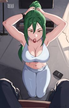 1boy 1girl abs adjusting_hair akihitoevon alternate_costume armpits between_legs black_pants breasts cellphone cleavage collarbone commentary crusch_karsten english_commentary floor_lamp green_hair grey_pants highres imminent_fellatio kneeling lamp large_breasts long_hair looking_at_viewer mouth_hold navel orange_eyes pants phone ponytail pov re:zero_kara_hajimeru_isekai_seikatsu smartphone solo sports_bra sweat sweatpants very_long_hair