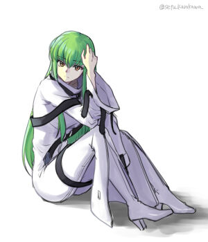 1girl bodysuit boots brown_eyes c.c. closed_mouth code_geass frown full_body green_hair hair_between_eyes long_hair long_sleeves setu_kurokawa simple_background sitting solo straight_hair twitter_username very_long_hair white_background white_bodysuit white_boots wide_sleeves