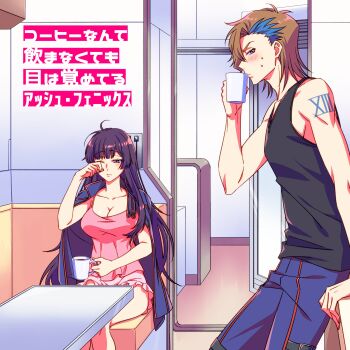 1boy 1girl absurdres artist_request ash_phoenix black_hair blue_eyes breasts cleavage code_geass code_geass:_dakkan_no_roze collarbone highres large_breasts long_hair non-web_source purple_eyes sumeragi_sakuya