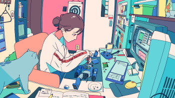 1girl absurdly_detailed_composition akabane_1999 animal book bookshelf brown_hair can cat chair clothes_hanger commentary_request computer computer_mouse container denim denim_shorts door drink_can fisheye from_side grey_cat hair_bun highres holding holding_screwdriver indoors lava_lamp loaded_interior long_sleeves notebook original pencil red_eyes repairing robot scenery screwdriver shirt shorts sitting slice_of_life soda_can solo white_shirt