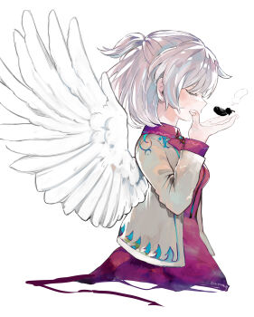 1girl absurdres black_feathers bow bowtie breasts closed_eyes commentary_request dress feathered_wings feathers grey_hair highres jacket kishin_sagume long_sleeves medium_hair niseneko_(mofumofu_ga_ienai) open_clothes open_jacket purple_dress single_wing solo touhou twitter_username white_wings wings