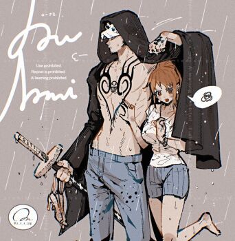 1boy 1girl barefoot black_coat black_hair blue_pants blue_shorts blush bracelet breasts brown_eyes character_name chest_tattoo coat coat_on_head collarbone commentary_request denim earrings feet_out_of_frame foot_out_of_frame hand_on_another&#039;s_chest hand_tattoo hat heart_pirates_jolly_roger height_difference holding holding_sandals holding_sword holding_weapon improvised_umbrella jeans jewelry large_breasts leg_up long_hair nami_(one_piece) one_piece open_mouth orange_hair pants pearl_earrings pectorals puff_of_air rain sandals shared_improvised_umbrella sheath sheathed shirt short_shorts shorts spoken_squiggle squiggle stomach sword tattoo topless_male trafalgar_law twitter_username unworn_sandals weapon wet wet_clothes wet_hair white_hat white_shirt yum_xoxo_yum