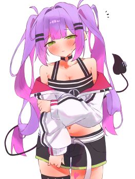 1girl absurdres bare_shoulders belt black_choker black_shorts black_tank_top blush breasts choker closed_mouth collarbone colored_inner_hair cowboy_shot crop_top demon_girl demon_tail ear_piercing green_eyes hair_ornament hairclip half-closed_eyes hand_on_own_arm highres hololive jacket leg_tattoo long_hair long_sleeves looking_at_viewer loose_belt medium_breasts midriff multicolored_hair navel o-ring o-ring_choker off_shoulder piercing pink_hair purple_hair shirt short_shorts shorts simple_background solo standing tail tail_ornament tail_piercing tank_top tattoo tepenchi tokoyami_towa tokoyami_towa_(1st_costume) twintails virtual_youtuber white_background white_belt white_jacket