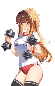 1girl absurdres black_thighhighs blush breasts brown_eyes brown_hair buruma dumbbell exercising fate/grand_order fate_(series) highres kaworu13 kishinami_hakuno_(female) long_hair looking_at_viewer medium_breasts ponytail red_buruma shirt short_sleeves sidelocks solo thighhighs thighs weightlifting white_shirt