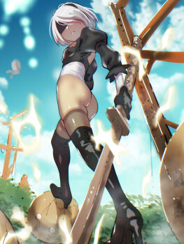 1girl 2b_(nier:automata) ass black_boots black_gloves black_shirt blindfold boots breasts closed_mouth covered_eyes from_below gloves high_heel_boots high_heels highres holding holding_sword holding_weapon leotard long_sleeves machine_(nier) nier:automata nier_(series) outdoors puffy_short_sleeves puffy_sleeves shirt short_hair short_sleeves small_breasts solo soon_(c-u-soon) sword thigh_boots weapon white_hair white_leotard