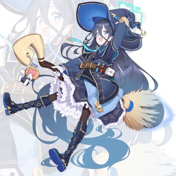 1girl absurdly_long_hair adjusting_clothes adjusting_headwear alternate_costume alternate_hairstyle aris_(blue_archive) arm_up belt belt_pouch black_boots black_hair black_pantyhose blue_archive blue_capelet blue_eyes boots broom broom_riding capelet commentary_request frilled_skirt frills full_body gloves hair_between_eyes hair_down halo hat highres holding holding_broom jacket kei_(robot)_(blue_archive) knee_boots long_bangs long_hair long_hair_between_eyes long_sleeves looking_at_viewer open_clothes open_jacket pantyhose potion pouch sidelocks simple_background skirt solo surps very_long_hair white_gloves witch witch_hat zipper zoom_layer
