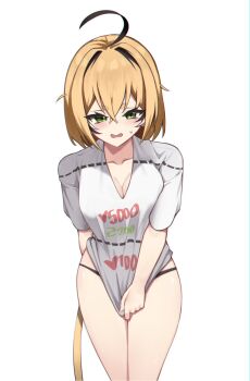 Rule 34 | 1girl, ahoge, black panties, blonde hair, breasts, cleavage, covering crotch, covering privates, cowboy shot, crossed bangs, dooby, green eyes, hair between eyes, hair intakes, highres, indie virtual youtuber, large breasts, long bangs, medium hair, multicolored hair, no pants, open mouth, panties, shirt, shirt tug, short eyebrows, short sleeves, simple background, skaarl (artist), small sweatdrop, solo, standing, streaked hair, twitter strip game, underwear, v-shaped eyebrows, virtual youtuber, wavy mouth, white background, white shirt