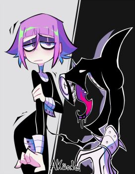 1other androgynous black_blood black_dress black_robe blood crona_(soul_eater) dress eyeshadow goth_fashion hair_between_eyes long_sleeves makeup monster open_mouth other_focus purple_hair ragnarok_(soul_eater) robe short_hair sleeve_cuffs soul_eater trad_goth white_background x_x yoyochaan