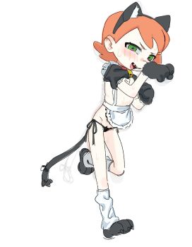 1girl absurdres animal_ear_fluff animal_ear_hairband animal_ears animal_hands apron ben_10 blush cat_ear_hairband cat_ears cat_girl cat_tail chi-iz commentary fake_animal_ears fang flat_chest gloves green_eyes gwen_tennyson hairband highres juliet_sleeves kemonomimi_mode loli long_sleeves maid_apron orange_hair paw_gloves paw_pose puffy_sleeves ringed_eyes short_hair simple_background sketch symbol-only_commentary tail white_background