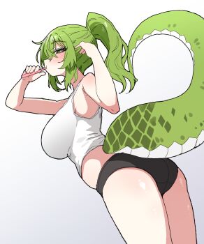 1girl arknights arknights:_endfield armpits ass black_panties breasts brushing_teeth commentary crop_top dragon_girl dragon_tail fluorite_(arknights) green_eyes green_hair highres hourglass_02 large_breasts long_hair looking_at_viewer panties ponytail simple_background solo tail tank_top thighs underwear underwear_only white_background white_tank_top