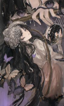 1girl black_hair broken_mirror bug butterfly dress from_behind hand_up highres holding holding_mirror insect isolde_(reverse:1999) juliet_sleeves leaning_back long_hair long_sleeves lv11 mirror multiple_views parted_lips puffy_sleeves purple_background purple_eyes reverse:1999 upper_body veil very_long_hair white_dress white_veil yellow_butterfly