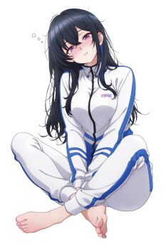 1girl barefoot black_hair blush feet highres ichinose_uruha long_hair looking_at_viewer p-nekoe parted_lips purple_eyes soles toes track_suit vspo!