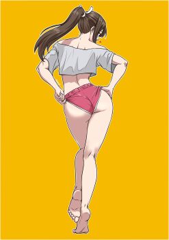 1girl absurdres ass brown_hair from_behind grey_shirt highres off_shoulder ponytail red_shorts shiranui_mai shirt shorts shukeiart simple_background solo the_king_of_fighters yellow_background