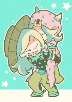 2boys aqua_sleeves beanie beard belt belt_buckle black_bridal_gauntlets black_shirt black_sleeves bridal_gauntlets brown_cape brown_hat brown_pants buckle cape carrying chibi chibi_only closed_eyes commentary cowboy_hat english_commentary facial_hair gold_teeth grey_hair grin gyro_zeppeli hat highres hood hood_down hoodie horseshoe_hat_ornament horseshoe_ornament johnny_joestar jojo_no_kimyou_na_bouken long_hair m_a_a_m_8 male_focus multiple_boys pants piggyback pink_belt pink_hat pink_hoodie pink_pants pink_sleeves shirt short_sleeves smile spurs star_(symbol) star_print steel_ball_run two-tone_sleeves