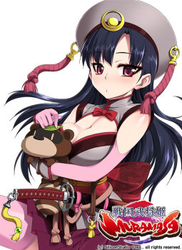 Rule 34 | 1girl, blue hair, breasts, carrying, cleavage, hat, katana, leaf, leaf on head, long hair, object on head, purple eyes, sengoku bushouki muramasa, sword, tanuki, tomomimi shimon, torii mototada, torii mototada (sengoku bushouki muramasa), weapon