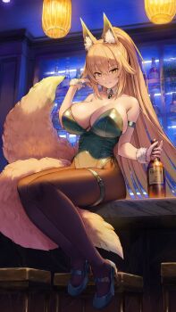 1girl animal_ear_fluff animal_ears bare_shoulders black_pantyhose blonde_hair bottle breasts chair cleavage commentary_request commission fox_ears fox_girl full_body high_heels high_ponytail highres holding holding_bottle jewelry kamo_ashi large_breasts leotard long_hair on_table original pantyhose pendant ponytail sitting skeb_commission solo strapless strapless_leotard suirin_(tukikagerou) table yellow_eyes