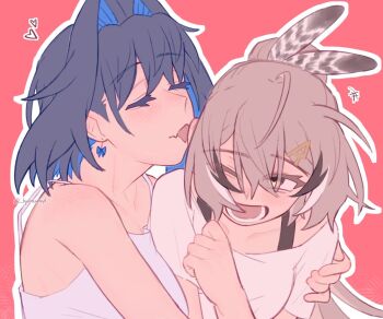 2girls blue_hair blush brown_eyes brown_hair camisole closed_eyes commentary ear_licking hair_intakes hololive hololive_english hydroxyl licking long_hair multiple_girls nanashi_mumei one_eye_closed open_mouth ouro_kronii outline pink_background pink_camisole shirt simple_background smile tongue tongue_out virtual_youtuber white_outline white_shirt yuri