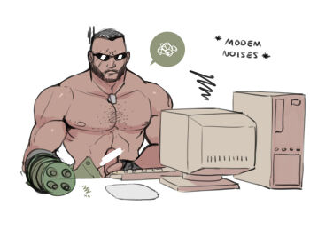 1boy arm_cannon at_computer bar_censor barret_wallace beard black_hair buzz_cut censored chest_hair clothed_masturbation commentary completely_nude computer computer_keyboard computer_tower crt dark-skinned_male dark_skin dog_tags english_commentary english_text erection facial_hair failure final_fantasy final_fantasy_vii final_fantasy_vii_remake fingerless_gloves gatling_gun glasses gloves male_focus male_masturbation manly masturbation monitor muscular muscular_male nude opaque_glasses penis scar scar_across_eye scar_on_face short_hair single_fingerless_glove solo spoken_squiggle squiggle stuck_in_the_past sunglasses topless_male vashperado very_dark_skin very_short_hair weapon