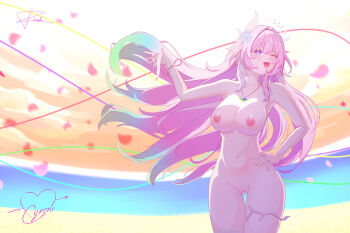 1girl ;o absurdres aqua_hair breasts character_name commentary completely_nude cyrene_(honkai:_star_rail) cyrene_(ripples_of_past_reverie)_(honkai:_star_rail) diamond-shaped_pupils diamond_(shape) english_commentary flower gradient_hair hair_flower hair_ornament highres honkai:_star_rail honkai_(series) jewelry large_breasts long_hair multicolored_hair multiple_girls navel necklace nipples nude ocean one_eye_closed orange_sky pink_hair pointy_ears puithenh purple_eyes pussy sky solo stomach swimsuit symbol-shaped_pupils thighs variant_set very_long_hair white_hair