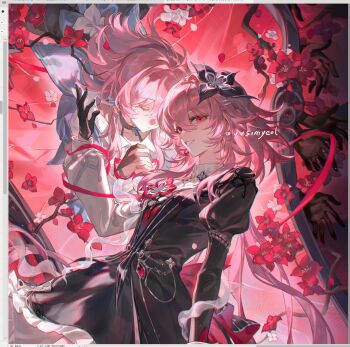 2girls asymmetrical_sleeves branch closed_eyes dress evernight_(honkai:_star_rail) flower gem gloves hair_flower hair_ornament hairclip highres honkai:_star_rail honkai_(series) looking_at_viewer march_7th_(honkai:_star_rail) march_7th_(preservation)_(honkai:_star_rail) mirror mismatched_sleeves multiple_girls own_hands_together parallel_hairclips partially_fingerless_gloves pink_background pink_hair red_background red_eyes red_gemstone ribbon smile smusmuye