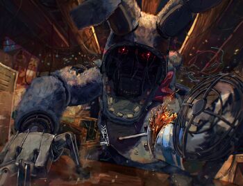 Rule 34 | 1other, commentary, cup, desk, disposable cup, drinking straw, electric fan, english commentary, exposed internal machinery, five nights at freddy's, five nights at freddy's 2, glowing, glowing eyes, highres, indoors, making-of available, moltexk, red eyes, wire, withered bonnie