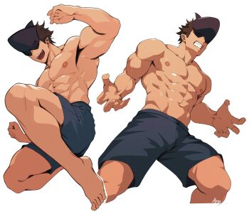 1boy abs arms_up beam_(chainsaw_man) brown_hair chainsaw_man clenched_teeth commentary_request cropped_legs crow_(siranui) grey_shorts highres male_focus multiple_views muscular muscular_male nipples open_mouth pectorals pointy_ears shark_boy shark_head sharp_teeth shorts simple_background teeth topless_male white_background