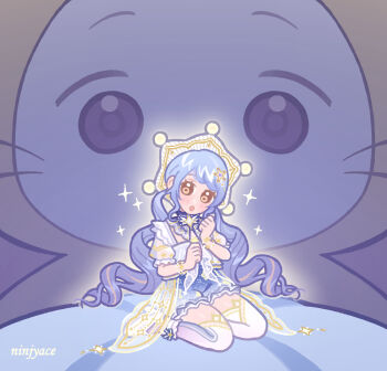 1girl animal artist_name blue_dress blue_hair boots bracelet brooch brown_eyes cat cloak clothed_animal collar commentary dress drill_hair english_commentary eyelashes frilled_collar frilled_dress frilled_footwear frilled_sleeves frills full_body gradient_hair gradient_thighhighs hair_ornament hat high_heel_boots high_heels hood hood_up hooded_cloak infinity_nikki jewelry kneeling layered_dress low_twintails mini_person minigirl momo_(nikki) multicolored_hair nikki_(nikki) nikki_(series) ninjyace open_mouth outline pink_theme pom_pom_(clothes) puffy_short_sleeves puffy_sleeves purple_collar purple_hair see-through_clothes see-through_dress see-through_sleeves short_sleeves size_difference sparkle square_neckline star_(symbol) star_bracelet star_brooch star_hair_ornament star_print starlet_burst_(infinity_nikki) thighhighs twin_drills twintails whiskers white_cat white_dress white_footwear white_hat white_outline white_thighhighs yellow_cloak