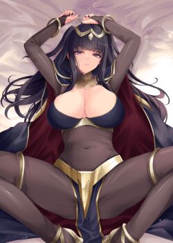 Rule 34 | 1girl, bed sheet, black bridal gauntlets, black hair, blunt bangs, bodystocking, breasts, bridal gauntlets, cape, cleavage, closed mouth, commentary request, covered navel, fire emblem, fire emblem awakening, kirishima satoshi, large breasts, long hair, looking at viewer, lying, nintendo, on back, on bed, purple eyes, solo, tharja (fire emblem), very long hair