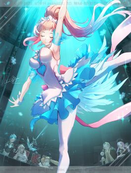 2boys 5girls absurdres apron aristocratic_clothes arm_up armpits ascot black_coat black_hairband blonde_hair blue_hair bow breasts camilla_(fire_emblem) circlet clear_glass_(mildmild1311) closed_eyes closed_mouth coat cup dress drill_hair elise_(fire_emblem) falling feather_dress feather_trim felicia_(fire_emblem) felicia_(ice)_(fire_emblem) female_corrin_(fire_emblem) figure_skating figure_skating_dress fire_emblem fire_emblem_fates fire_emblem_heroes flora_(fire_emblem) gloves grey_hair hair_between_eyes hair_bow hair_over_one_eye hairband half-siblings hat highres holding holding_saucer holding_teapot large_breasts leggings leo_(fire_emblem_fates) long_hair long_sleeves maid maid_apron maid_headdress multicolored_hair multiple_boys multiple_girls nintendo nohrian_maid_uniform o_o official_alternate_costume open_mouth pantyhose pink_hair pointy_ears ponytail purple_hair saucer scorecard shirt siblings skating smile snowflakes teacup teapot twin_drills twintails very_long_hair wavy_hair white_ascot white_coat white_dress white_gloves white_headdress white_leggings white_pantyhose winter_clothes wrist_cuffs xander_(fire_emblem)