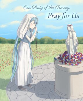 1girl aqua_eyes aqua_hair blue_shirt christianity commentary english_commentary english_text flower full_body hatsune_miku head_wreath highres holding_rosary long_hair long_skirt outdoors pleated_skirt praying puffy_short_sleeves puffy_sleeves rosary shirt shkz9 shoes short_sleeves skirt smile sneakers solo statue twintails veil very_long_hair virgin_mary vocaloid white_skirt