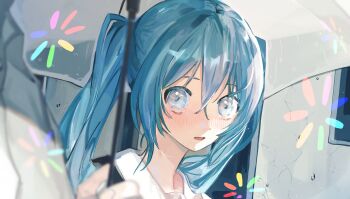 1boy 1girl aqua_eyes blurry blurry_foreground blush commentary_request crack cracked_wall hair_between_eyes hatsune_miku highres holding holding_umbrella long_hair melt_(vocaloid) open_mouth rain soyaka twintails umbrella vocaloid