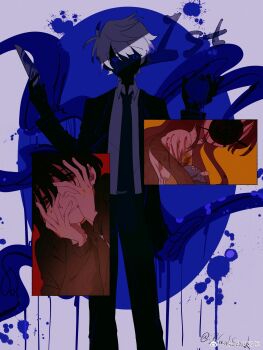 absurdres akinashi_haru apple black_skin black_suit blackseek cardigan censored censored_identity chinese_commentary colored_skin commentary_request corpse feet_out_of_frame food formal_clothes fruit hands_on_own_face highres holding holding_food holding_fruit holding_knife knife no_mouth no_nose paint_splatter peeking_through_fingers saihate_eki scared suit tatsunami_shion tenjiku_aoi