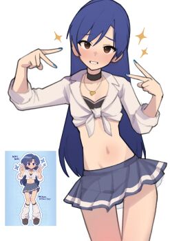 1girl absurdres black_choker blue_hair blue_nails borrowed_inset brown_eyes choker commentary cowboy_shot double_v fingernails grey_skirt grin hands_up heart heart_necklace highres idolmaster idolmaster_(classic) jewelry kisaragi_chihaya long_hair looking_at_viewer miniskirt nail_polish navel necklace pleated_skirt reference_inset shirt simple_background skirt smile soayo solo sparkle standing thigh_gap tied_shirt untranslatable_commentary v white_background white_shirt