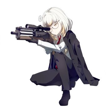 Rule 34 | 1girl, absurdres, agent 47, agent 47 (cosplay), black gloves, black suit, blonde hair, bullpup, closed mouth, collared shirt, colored tips, commission, cosplay, formal clothes, glasses, gloves, gun, highres, holding, holding gun, holding weapon, indie virtual youtuber, jacket, jacket on shoulders, kanna yanagi, long hair, mineta naoki, multicolored hair, necktie, red necktie, rifle, second-party source, semi-rimless eyewear, shirt, short eyebrows, skeb commission, sniper rifle, suit, suppressor, virtual youtuber, walther, walther wa 2000, weapon, white background, white hair, white shirt, yellow eyes