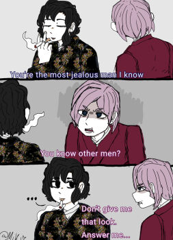 Rule 34 | ..., 1boy, 1girl, artist name, cigarette, comic, couple, dazai osamu (isekai shikkaku), english text, genderswap, genderswap (ftm), genderswap (mtf), grey background, highres, holding, holding cigarette, isekai shikkaku, looking at another, meme, sacchan (isekai shikkaku), shaded face, simple background, smoking, talking, template