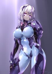 Rule 34 | 1girl, armored bodysuit, blue bodysuit, bodysuit, breasts, character request, commission, covered navel, fortified suit, hand on own thigh, hayabusa aoi, highres, large breasts, looking at viewer, mole, mole under mouth, muv-luv, muv-luv alternative, purple bodysuit, purple eyes, purple hair, shiny clothes, skeb commission, skin tight, two-tone bodysuit