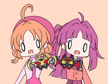 2girls ahoge akechi_anna commentary_request company_connection crossover dress father_and_son hair_ornament hat highres holding jacket kamen_rider kamen_rider_kiva_(series) kiriu_nagi kivat-bat_ii kivat-bat_iii kobayashi_mikuru long_hair long_sleeves looking_at_viewer meitantei_precure! multiple_girls open_mouth orange_hair precure purple_hair shirt short_hair simple_background skirt tokusatsu twintails upper_body wings