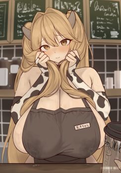 1girl 1other animal_print apron artist_name b_project_18 bare_shoulders black_apron blush breast_milk_in_container breasts bridal_gauntlets brown_eyes brown_hair cafe cleavage collar counter covered_erect_nipples cow_girl cow_horns cow_print cow_print_gloves cup disposable_coffee_cup disposable_cup double-parted_bangs elbow_gloves furrowed_brow gloves hair_between_eyes hair_intakes hands_up highres holding holding_cup holding_own_hair horns huge_breasts implied_breast_milk lactation lactation_through_clothes leaking long_hair looking_at_viewer menu naked_apron name_tag original pov pov_hands print_gloves sideboob sweat tile_wall tiles upper_body very_long_hair wavy_hair