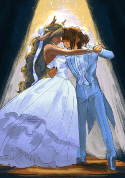 1girl 1other antlers blonde_hair deltarune dress formal_clothes furry furry_female hand_on_another&#039;s_arm highres horns hug jaggedspine kris_(deltarune) looking_at_another noelle_holiday noses_touching reindeer_antlers ribbon smile suit tailcoat tuxedo utdr_(toby_fox) wedding_dress white_dress white_ribbon white_suit