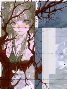 1girl black_camisole blue_eyes camisole closed_mouth commentary cut-here_line english_commentary freckles grey_hair grid highres john_kafka long_hair original solo tree upper_body