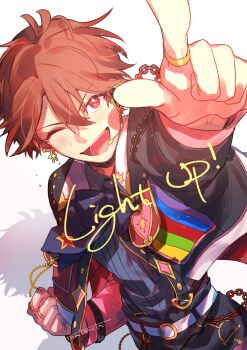 Rule 34 | 1boy, absurdres, arm up, belt, belt buckle, black bow, black bowtie, bow, bowtie, brown eyes, brown hair, buckle, chain, clenched hand, commentary, earrings, ensemble stars!, hair between eyes, headset, heart, highres, jewelry, long sleeves, male focus, morisawa chiaki, official alternate costume, one eye closed, open mouth, overflow! (ensemble stars!), ring, short hair, smile, solo, star (symbol), star earrings, sweat, tomubouya, twitter username, upper body, white background, white belt