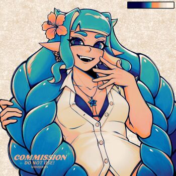 1girl artist_name blue_eyes blue_hair blush breasts collarbone collared_shirt commission fangs flower hair_flower hair_ornament highres hojinxs inkling_girl inkling_player_character jewelry limited_palette long_hair looking_at_viewer necklace nintendo shirt short_sleeves small_breasts smile solo splatoon_(series) star_(symbol) star_necklace teeth tentacle_hair upper_body upper_teeth_only white_shirt